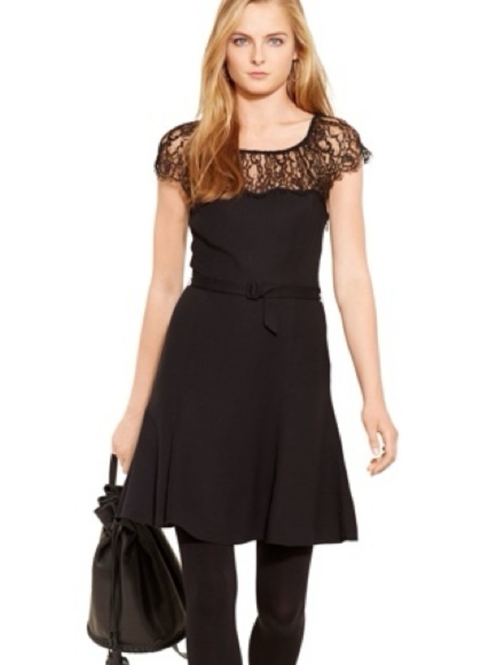 Polo Ralph Lauren Lace Yoke Belted Crepe Dress Black Size 14 Runway $498